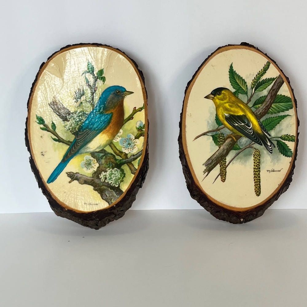 Vintage P.H. Gonner Bird Wood Slice Wall Plaques Set Bluebird Goldfinch‎ Kinzua